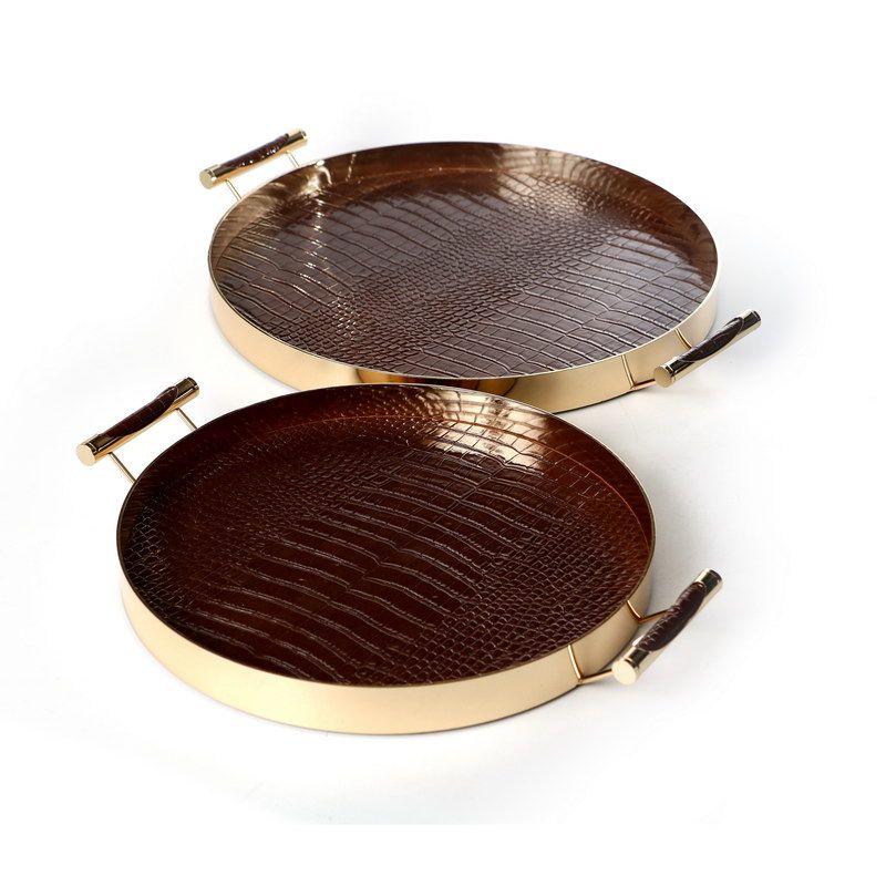 סט שני מגשים חום PU מסגרת זהב  קוטר 35/30 ס"מ