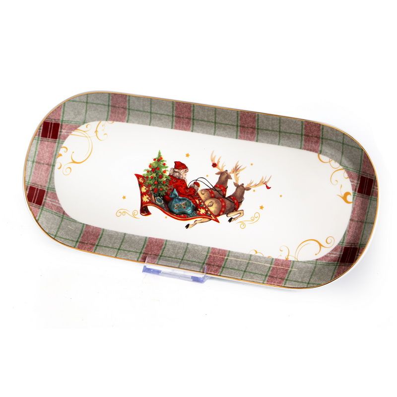 מגש לעוגה אובלי Santa Claus אפור/ אדום 34/15.3 ס"מ New Bone China