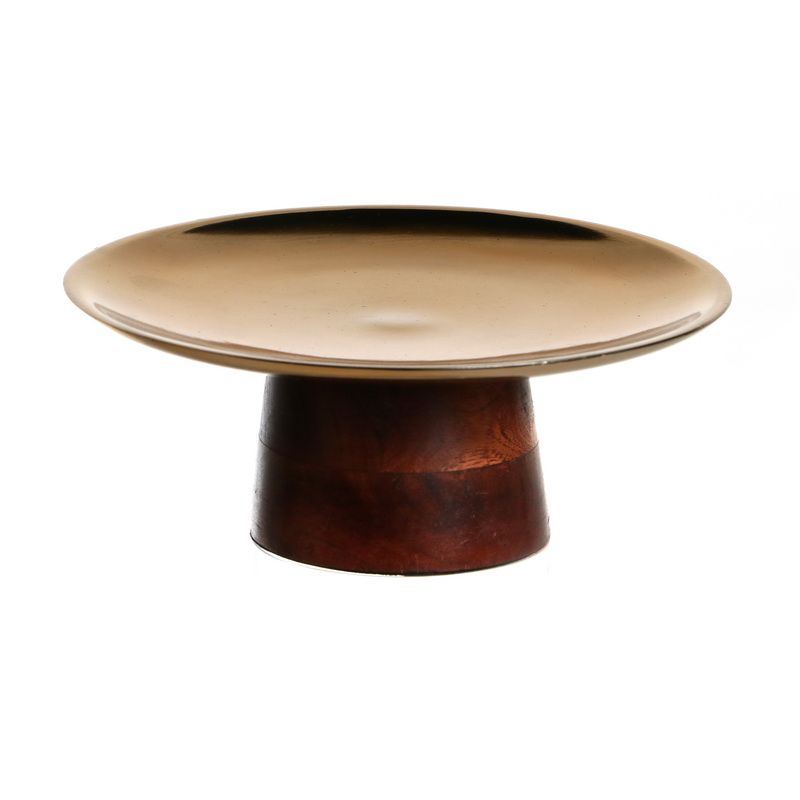 מגש עגול זהב על בסיס עץ קוטר 17 גובה 6.5 ס"מ