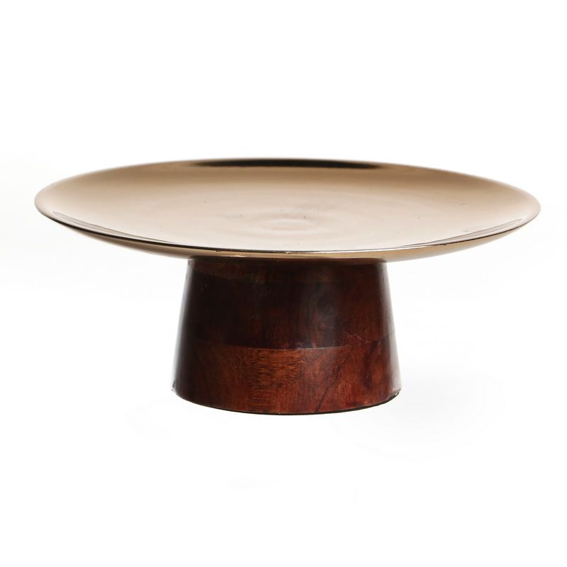 מגש עגול זהב על בסיס עץ קוטר 22 גובה 8 ס"מ