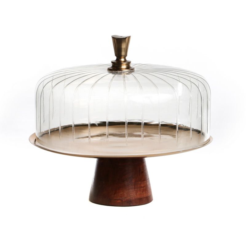 מגש עגול זהב על בסיס עץ ופעמון זכוכית קוטר 31 גובה 26 ס"מ
