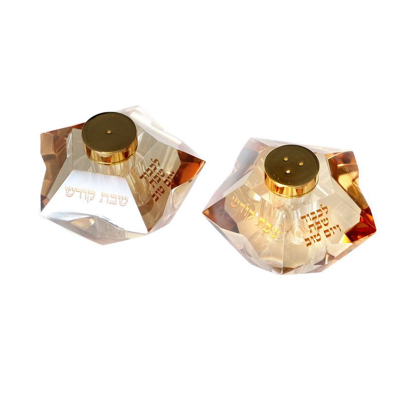 זוג מלחיות קריסטל כוכב/ ענבר כיתוב שבת קודש זהב קוטר 8.5 ס"מ