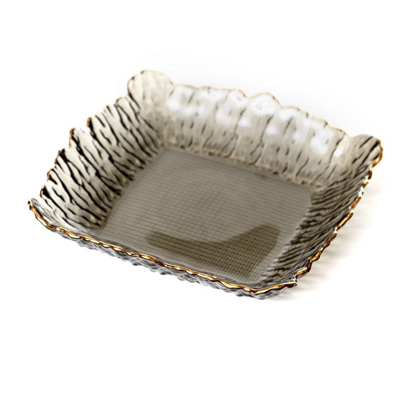 סט 4 צלחות ריבוע 15.5סמ זכוכית גבישי פס זהב/ אפורה  עומק 2.9 ס"מ