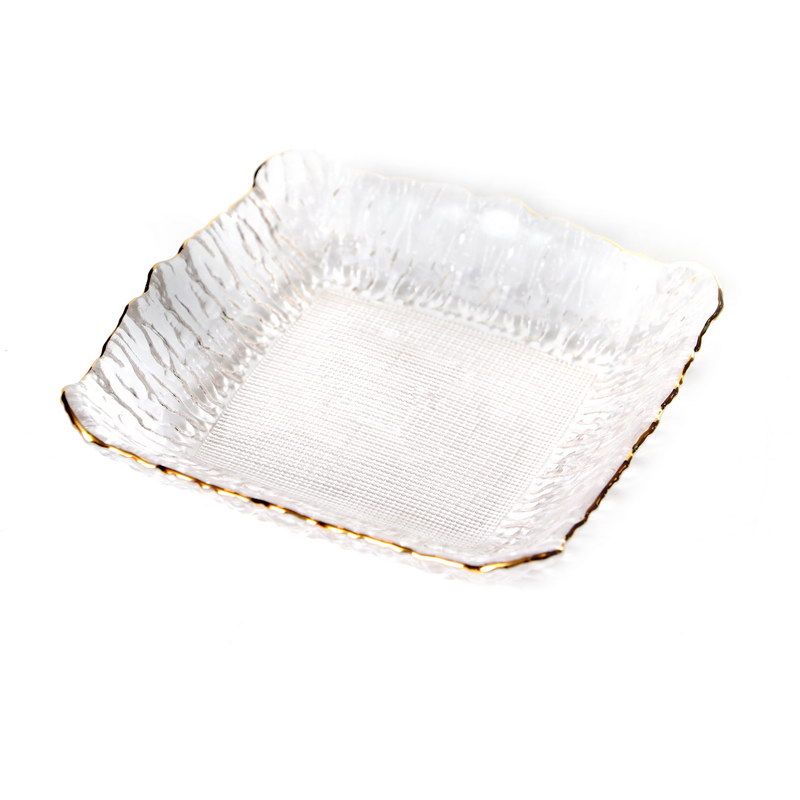 סט 4 צלחות ריבוע 15.5 ס"מ זכוכית גבישי פס זהב/ שקופה עומק 2.9 ס"מ