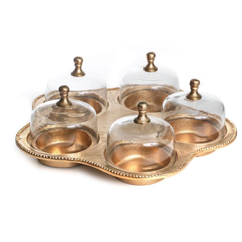 מגש מתכת זהב מחולק ל5 עיגולים עם 5 פעמוני זכוכית קוטר 43 ס"מ גובה 10 ס"מ