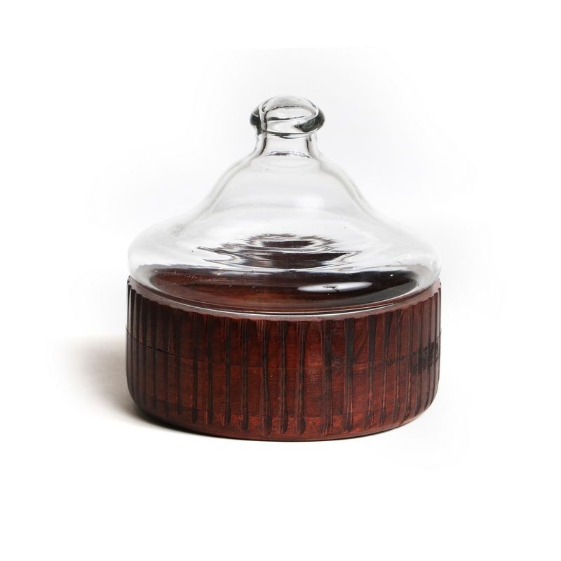 קערה עץ פעמון זכוכית שקופה עץ/ זהב קוטר 18 גובה 18 ס"מ