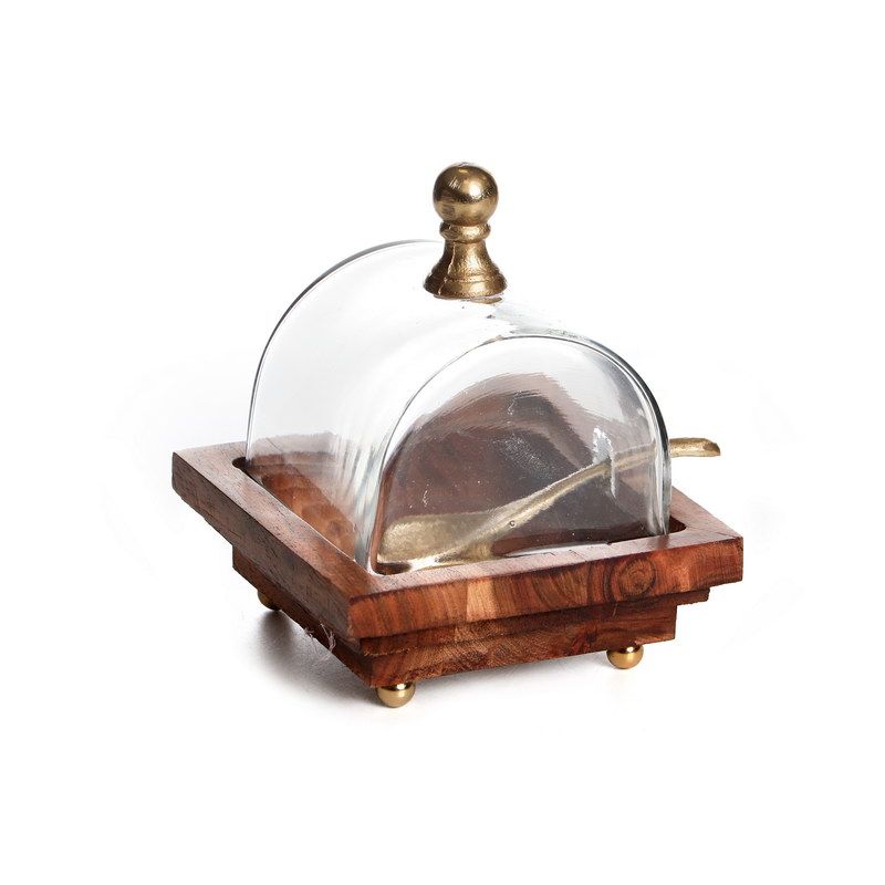 מגש עץ פעמון זכוכית שקופה עץ/ זהב 15/15 גובה 18 ס"מ