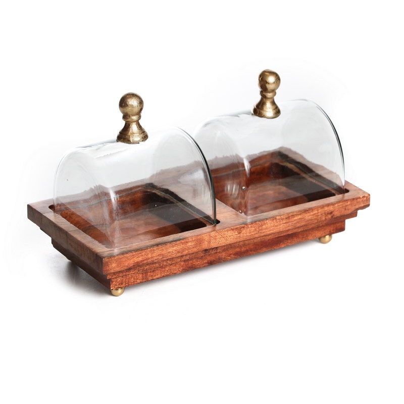 מגש עץ פעמון זכוכית שקופה עץ/ זהב 29/15 גובה 18 ס"מ
