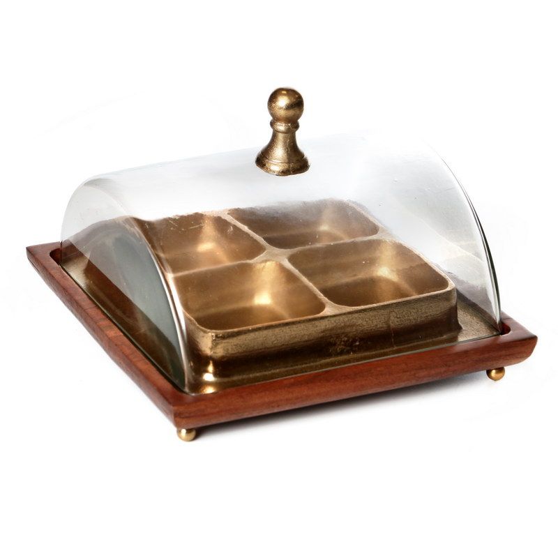 מגש לעוגה עץ פעמון זכוכית שקופה עץ/ זהב 28/28 גובה 21 ס"מ