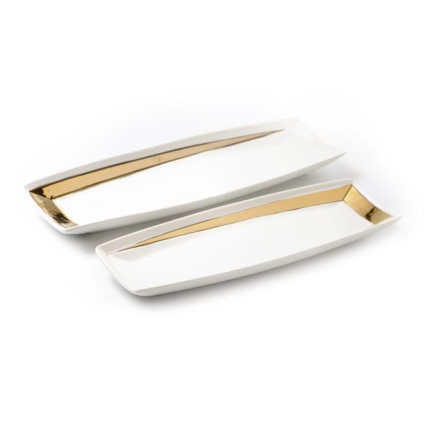 set 2 rectangle trays white porcelain gold rim 38/15h3.5cm