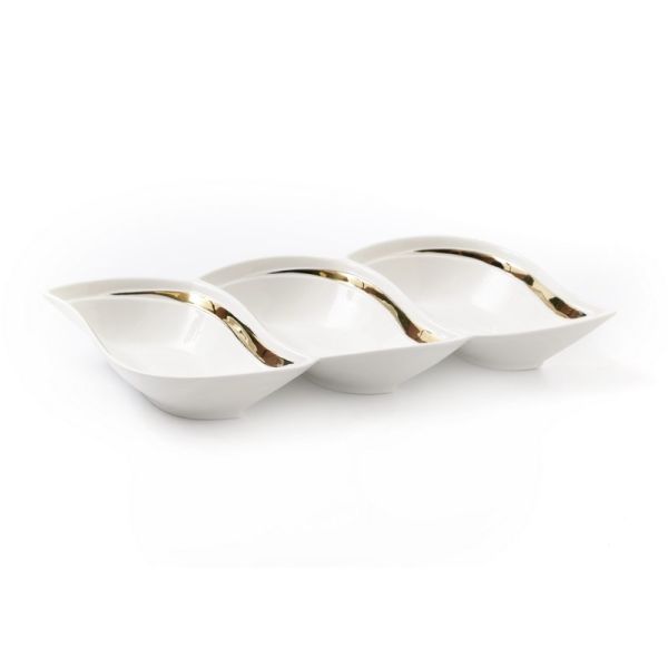 White porcelain divided to 3 leaf bowls gold rim 37/18h3cm
