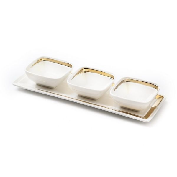set 3 square bowls on tray white porcelain gold rim 36/13.5h5.5cm