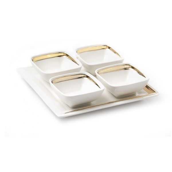 set 4 square bowls on tray white porcelain gold rim 25.5/25h5.5cm