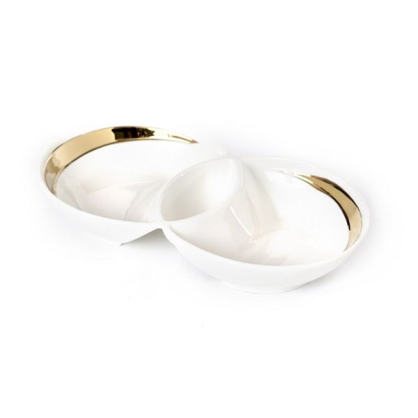 White porcelain divided to 2 rounded bowls gold rim 27.5/16.5h5cm