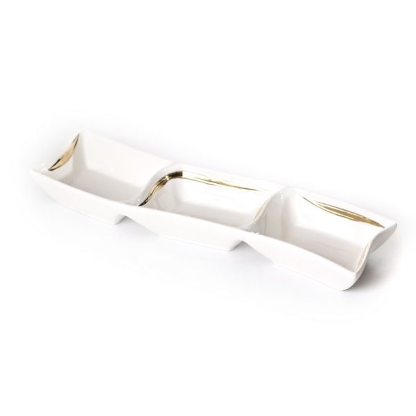 White porcelain divided to 3 rectangle bowls gold rim 34/12h4cm