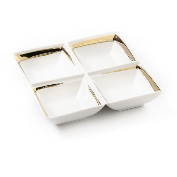 White porcelain divided to 4 square bowls gold rim 21.5/21.5h4cm
