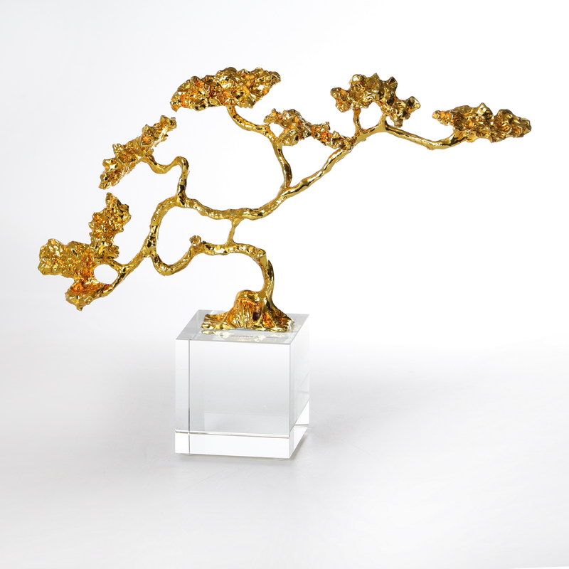 פסלון של עץ בונסאי עומד ממתכת זהב על בסיס זכוכית שקופה 7/25 ס"מ גובה 19 ס"מ