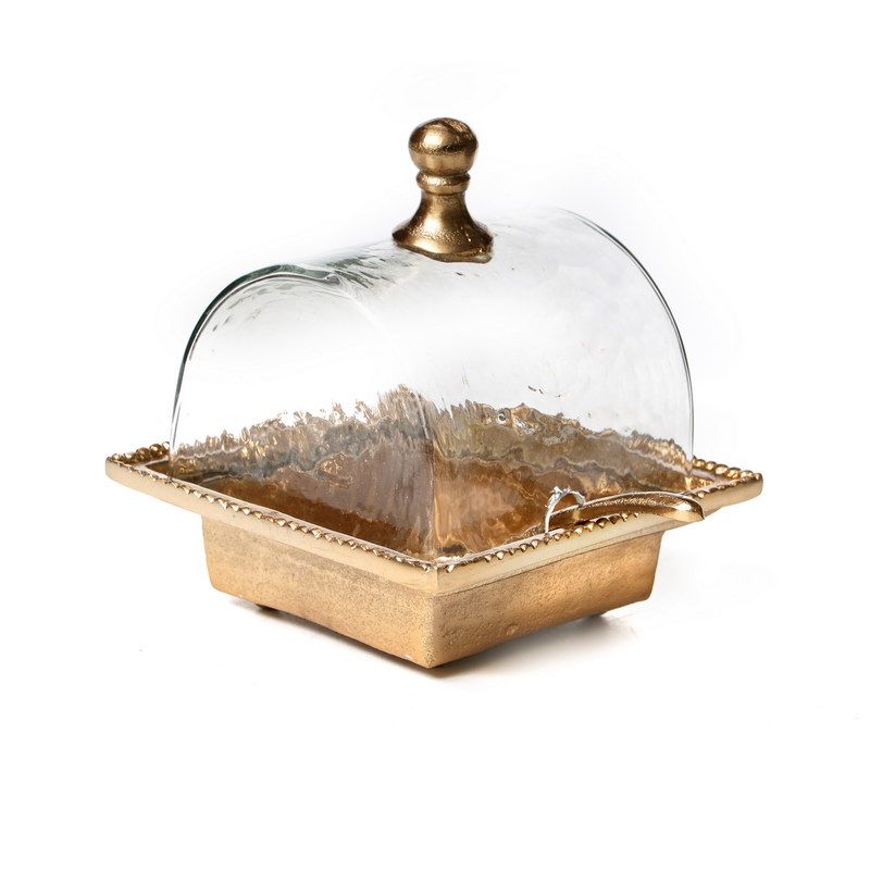 סוכרון מרובע וכפית מתכת זהב פעמון זכוכית רקועה 14/14 ס"מ גובה 15.5 ס"מ