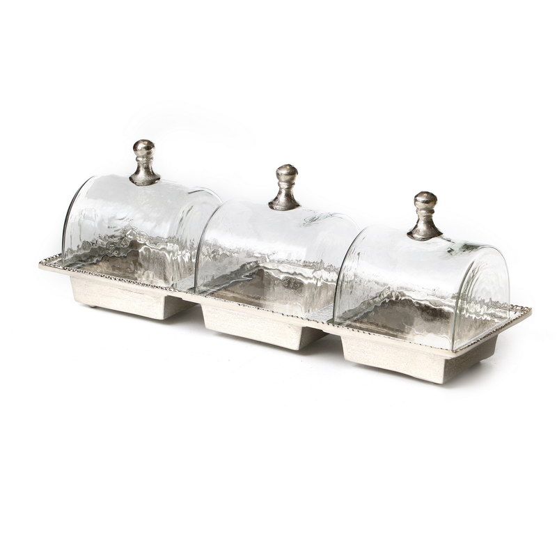 מגש מלבני מחולק ל3 קעריות ו3 פעמוני זכוכית רקועה 42.5/14 ס"מ גובה 15.5 ס"מ אלומיניום כסף