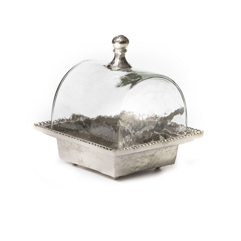 סוכרון מרובע וכפית מתכת כסף פעמון זכוכית רקועה 14/14 ס"מ גובה 15.5 ס"מ