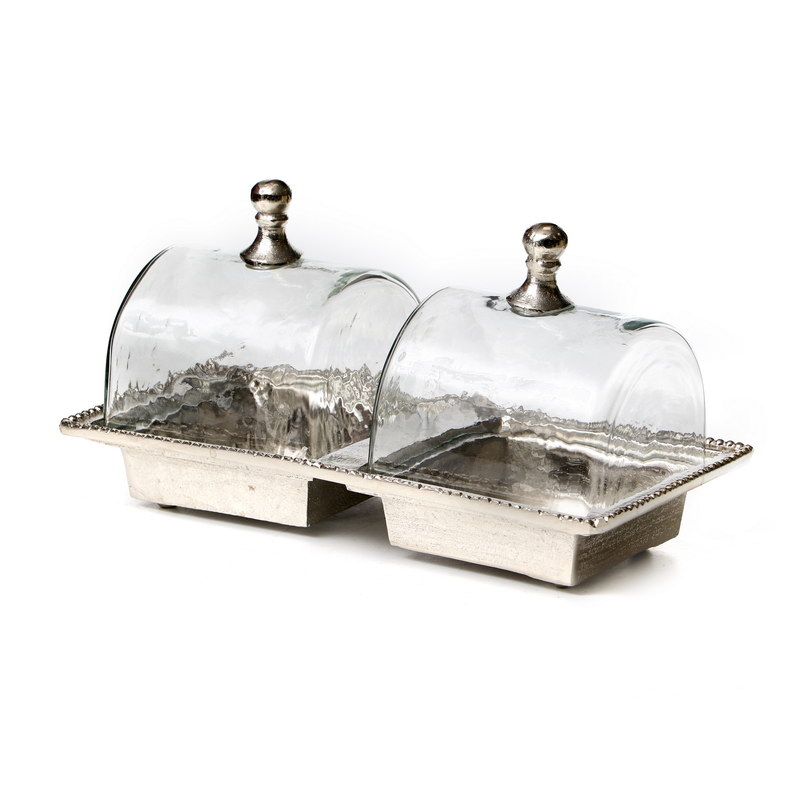 מגש מלבני מחולק ל2 קעריות ו2 פעמוני זכוכית רקועה 28/14 ס"מ גובה 15.5 ס"מ אלומיניום כסף