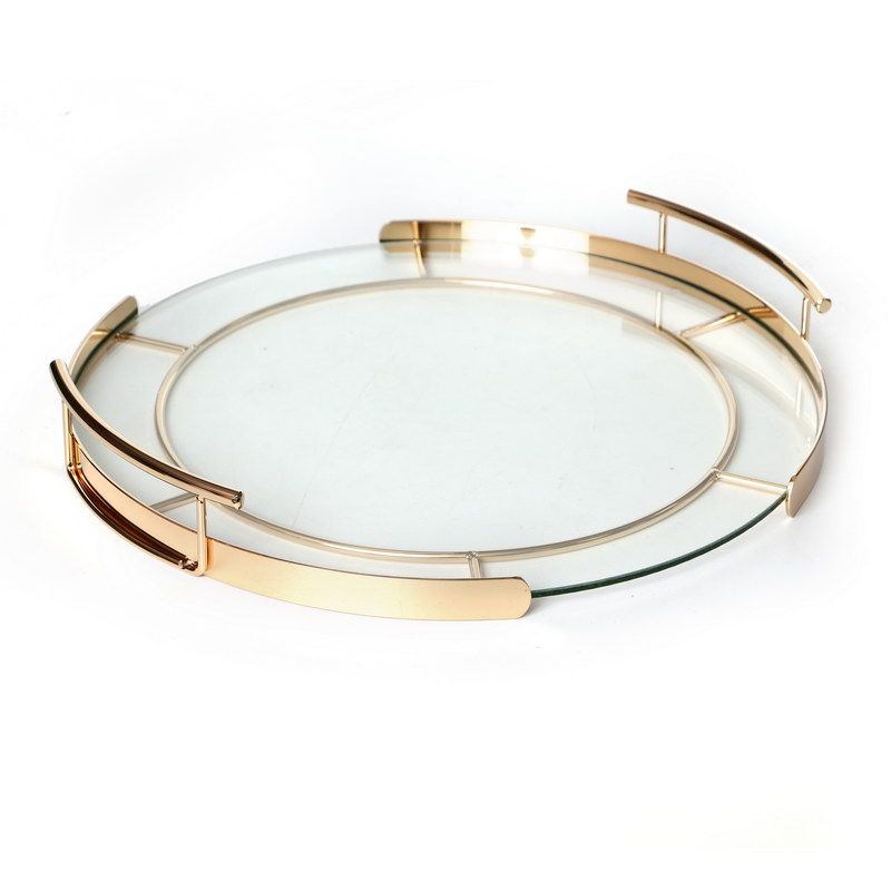 מגש זכוכית עגול ידיות מתכת זהב קוטר 36 ס"מ גובה 5 ס"מ