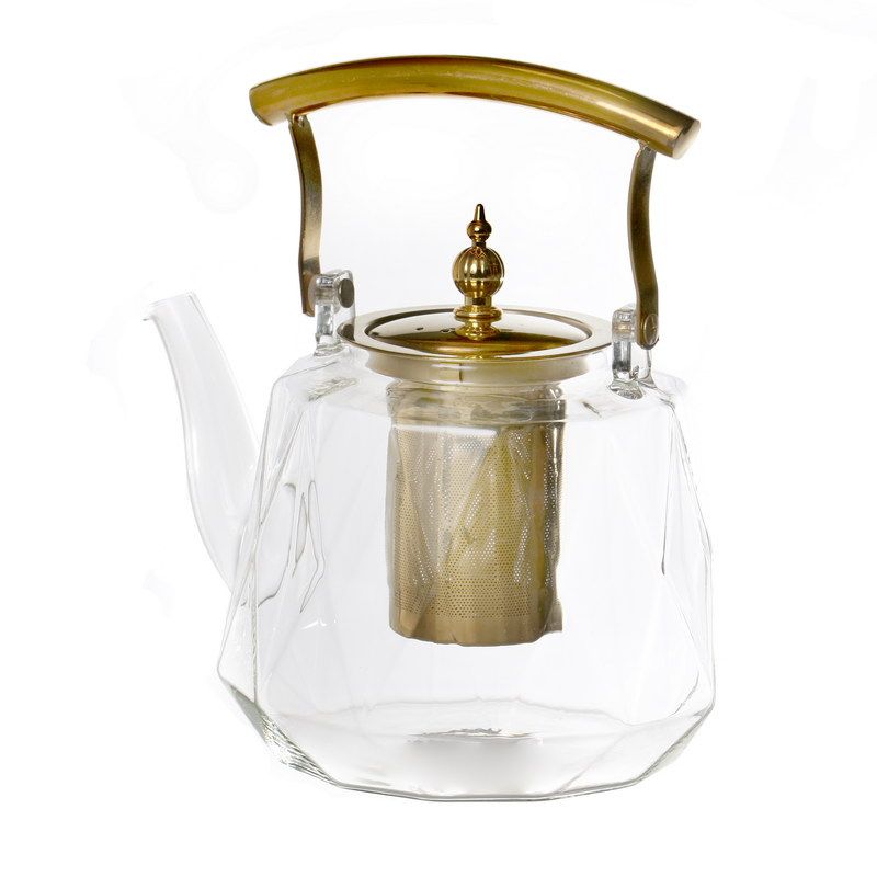 1.5 ליטר קנקן תה זכוכית שקופה מסנן נירוסטה וידית זהב
