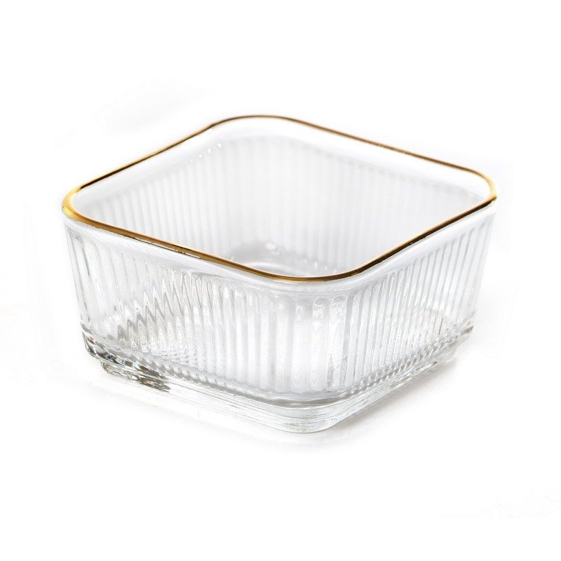 סט 6 קעריות הגשה מרובעות זכוכית פסים שקופה ופס זהב 9/9 גובה 5.7 ס"מ 280 מ"ל