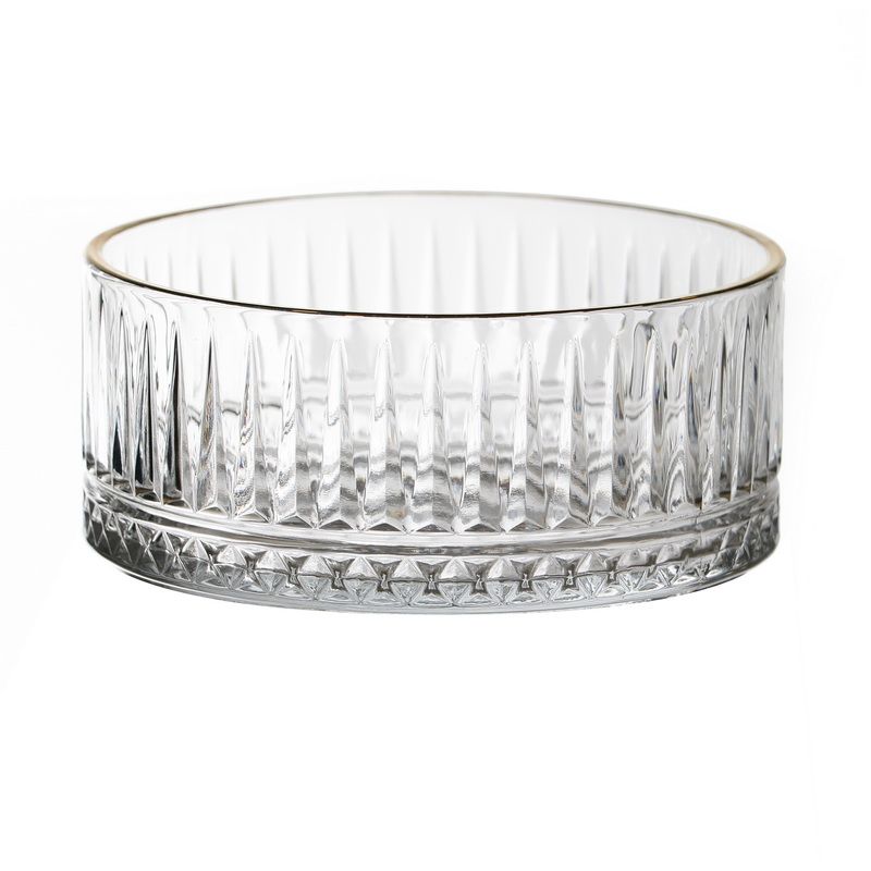 זוג קערות הגשה זכוכית פסים שקופה ופס זהב קוטר 12.9 גובה 6 ס"מ 550 מ"ל