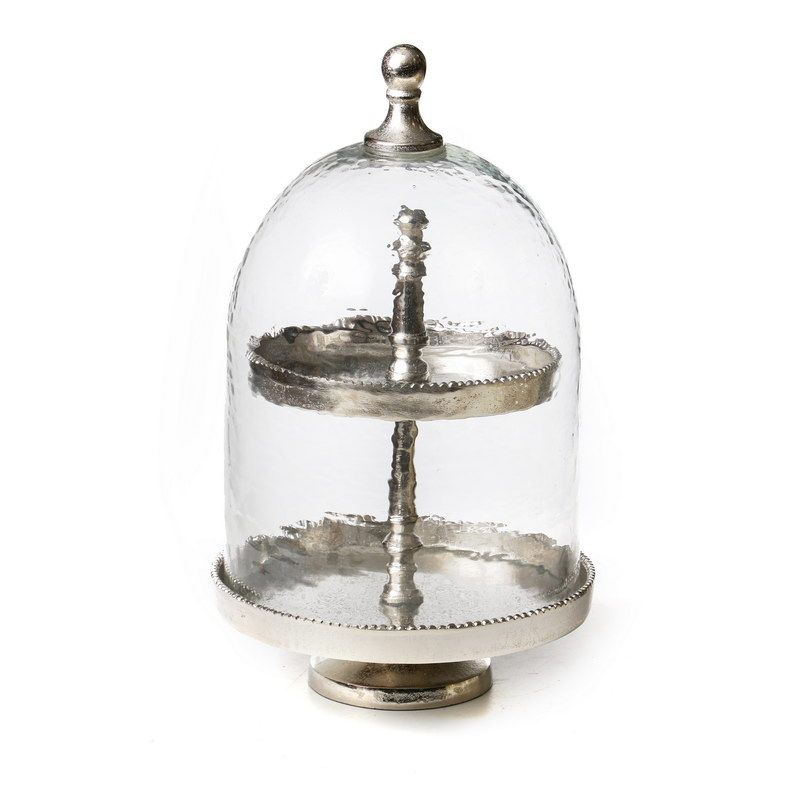 מעמד קומותיים עגול כסף פנינה על בסיס פעמון זכוכית שקוף  גובה 42 קוטר 25 ס"מ