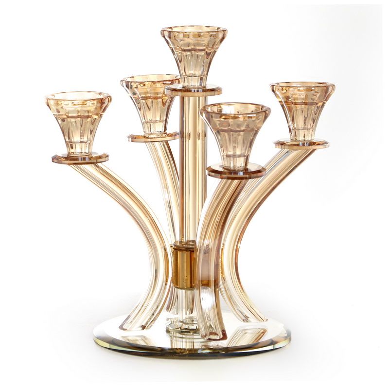 פמוט 5 קנים קריסטל ענבר וזהב גובה 27 ס"מ קוטר 24 ס"מ