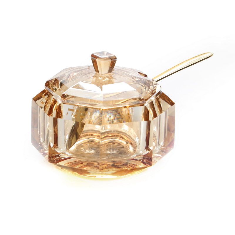 כלי לסוכר/דבש 3 חלקים קריסטל ענבר וכפית זהב