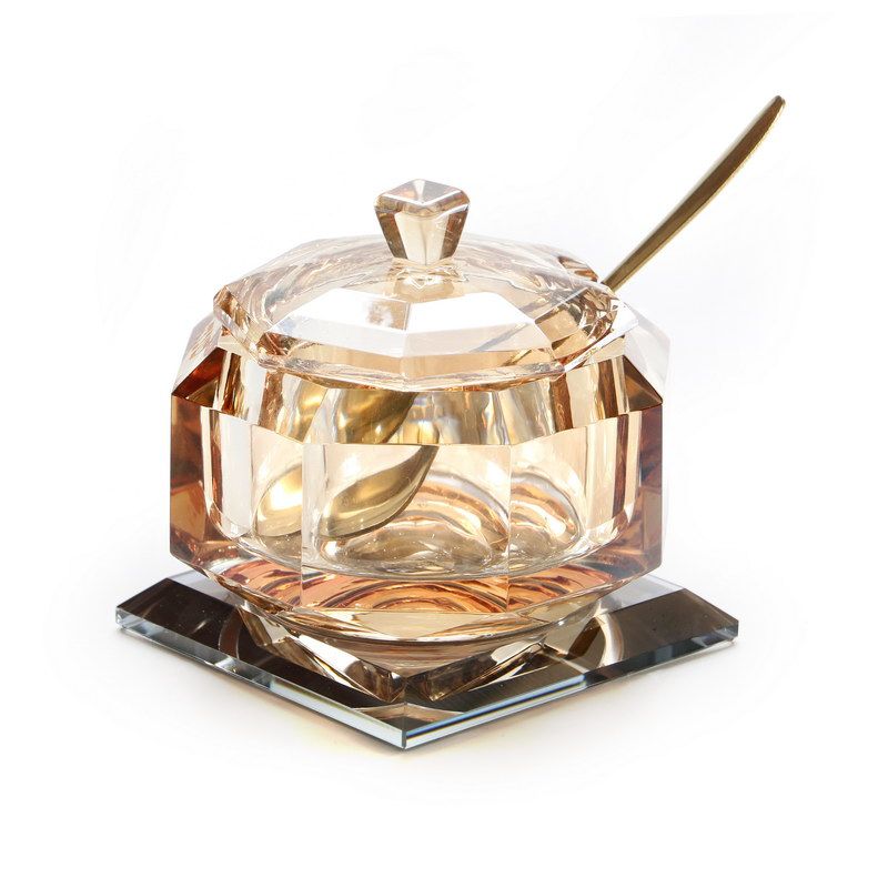 כלי לסוכר/דבש 3 חלקים קריסטל ענבר בסיס אפור וכפית זהב