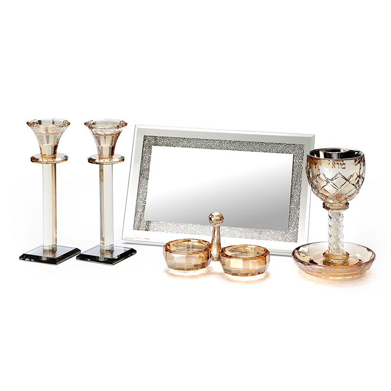 סט קריסטל לכלה זוג פמוטים כוס קידוש מגש מראה /ענבר