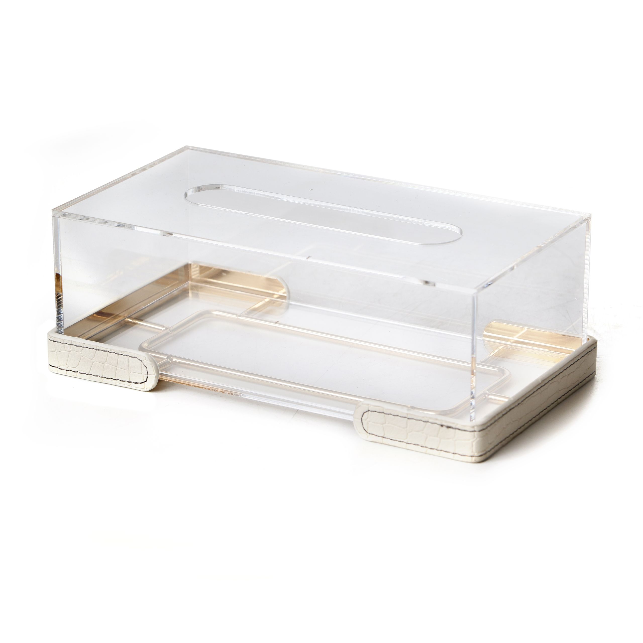 קופסת טישו לבן PU מסגרת זהב 25/14 ס"מ גובה 8 ס"מ