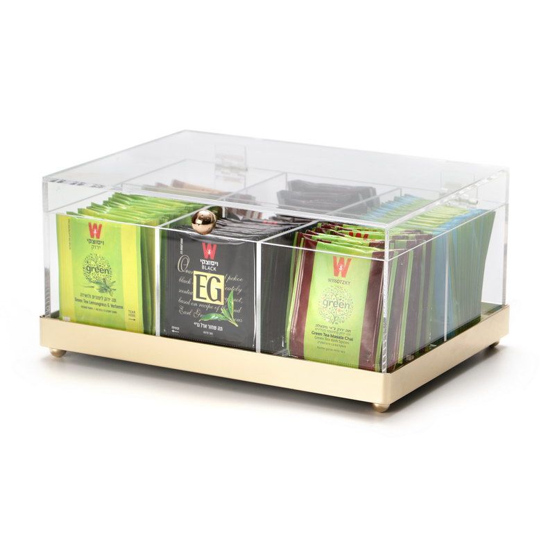 קופסת תה מחולקת בסיס מראה  מסגרת זהב 25/18 ס"מ  גובה 12 ס"מ