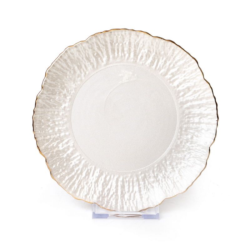 סט 6 צלחות לעוגה Kim Pearl זכוכית לבנה פס זהב גבישי מחוספס קוטר 17 ס"מ