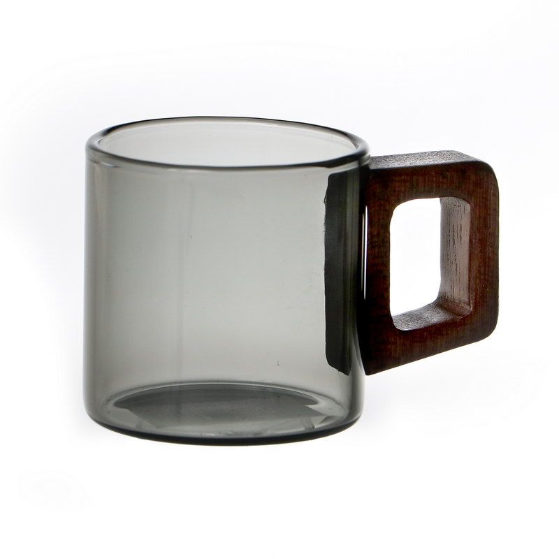 סט 6 כוסות זכוכית אפורה וידית עץ  100 מ"ל