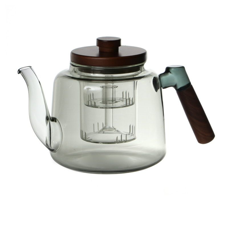1.2 ליטר קנקן תה זכוכית אפורה ידית עץ שחורה ומכסה עץ שחור/נירוסטה