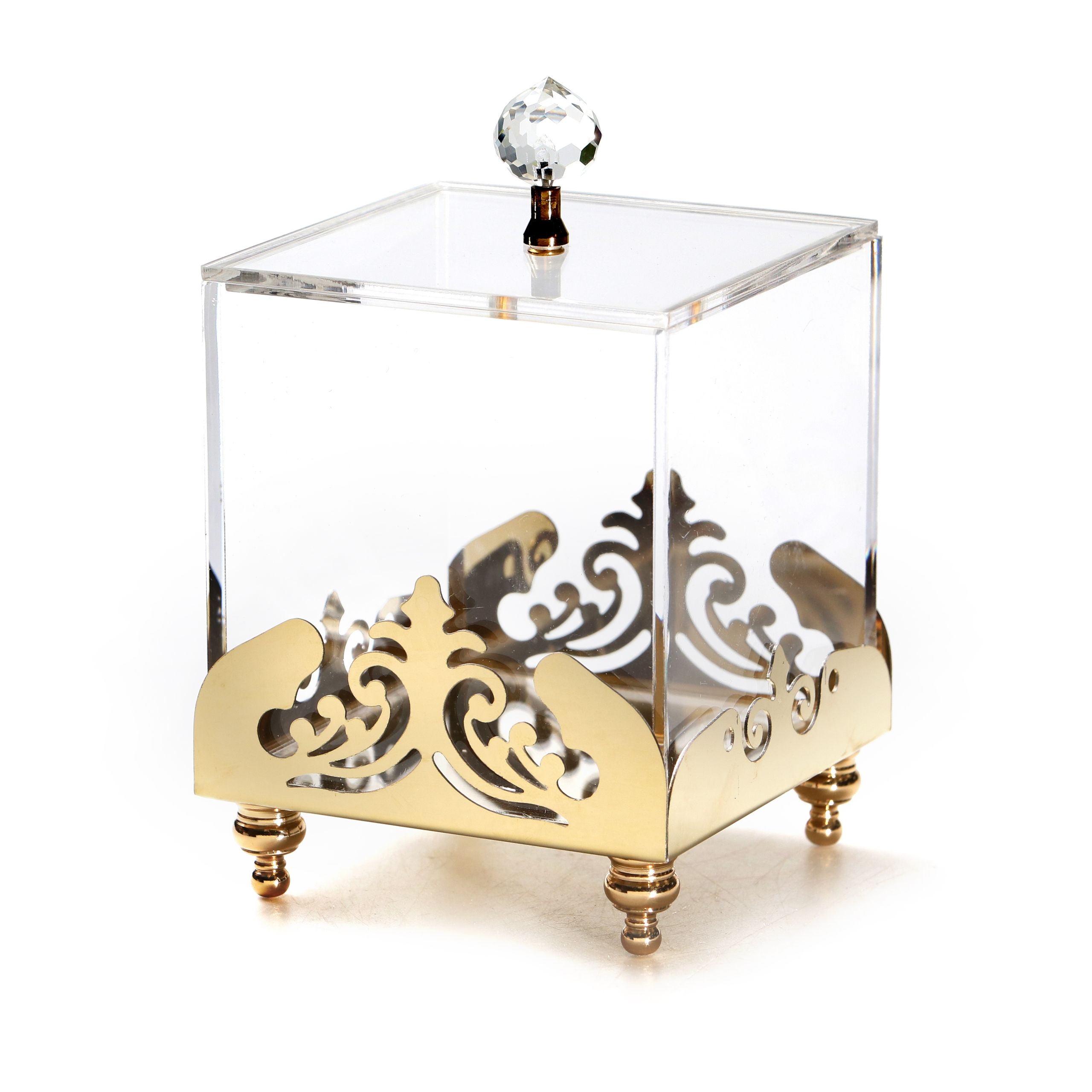 קופסת מרובעת מכסה אקרילי מסגרת ורגליים זהב נירוסטה 10/10 ס"מ  גובה 16 ס"מ
