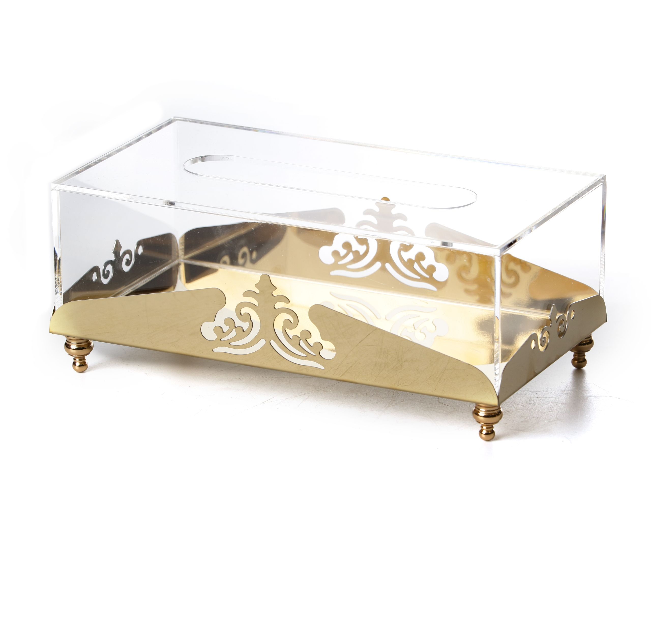 קופסת טישו מכסה אקרילי מסגרת ורגליים זהב נירוסטה 25/13 ס"מ  גובה 11 ס"מ
