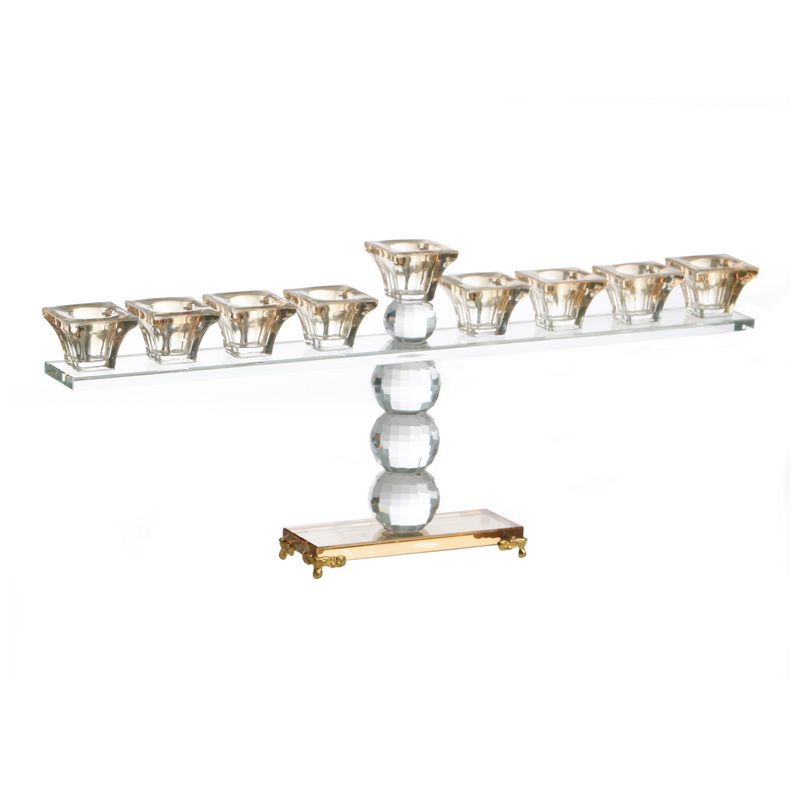 חנוכיה קריסטל שקוף/ כוסיות ובסיס ענבר רוחב 35 גובה 15 ס"מ