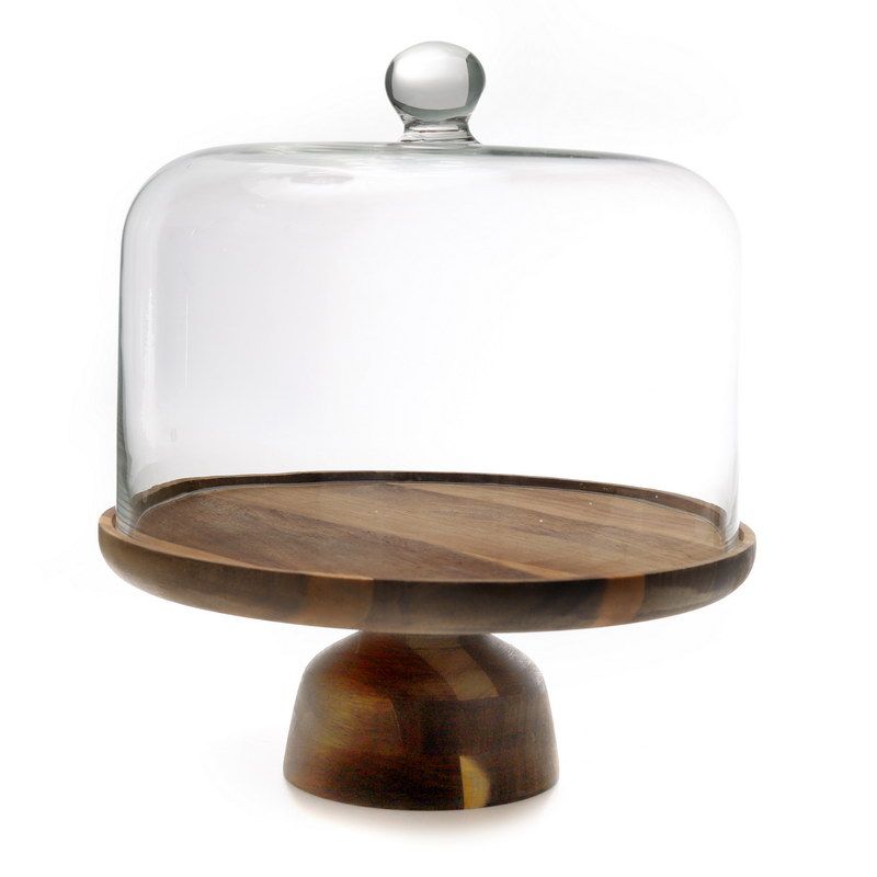 מגש עץ על רגל ופעמון זכוכית שקוף קוטר 25.5 גובה 28 ס"מ