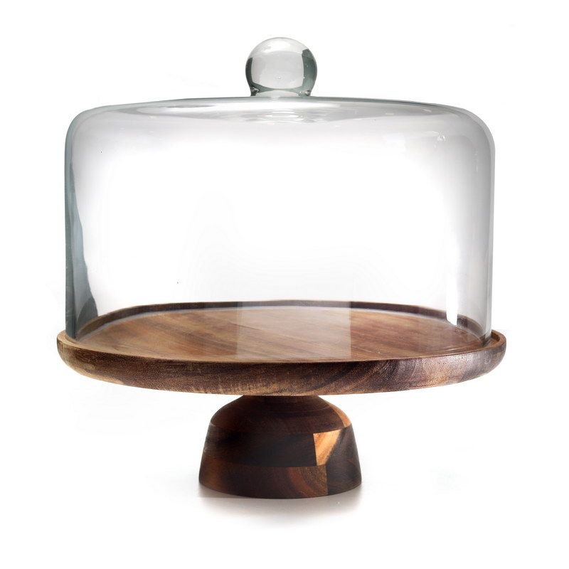 מגש עץ על רגל ופעמון זכוכית שקוף קוטר 29.5 גובה 30 ס"מ