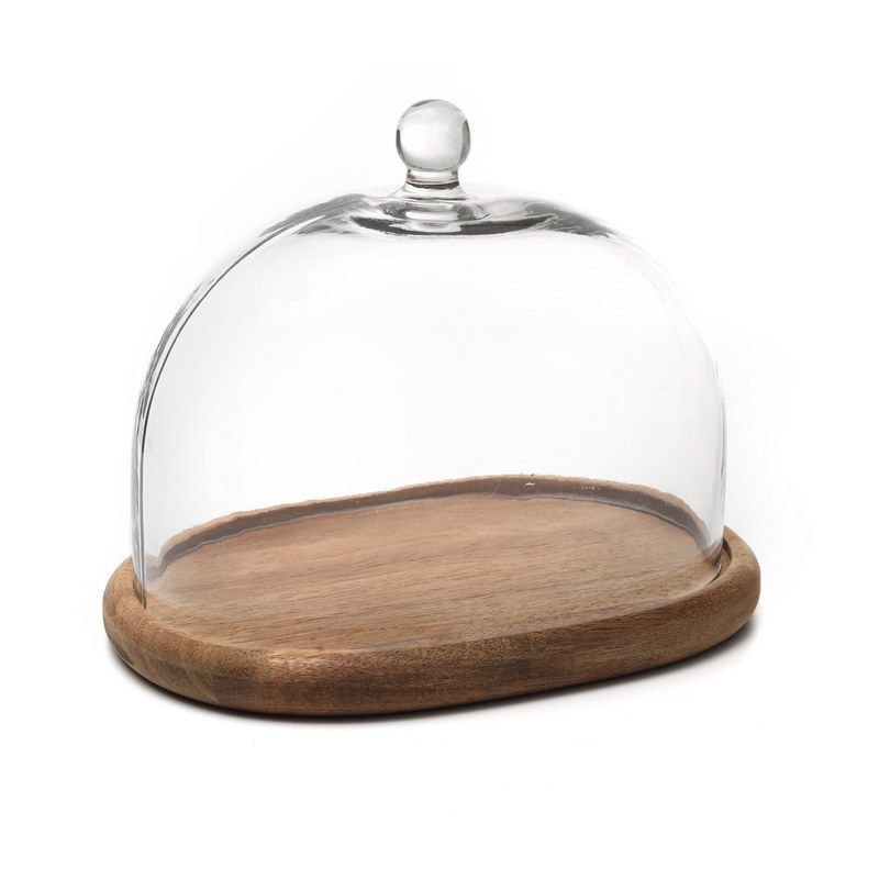 מגש עץ אובלי פעמון זכוכית שקוף 22.5/15.5 ס"מ גובה 16.5 ס"מ