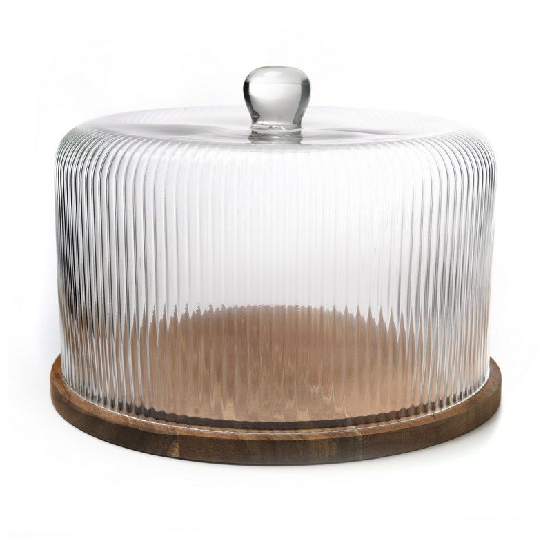 מגש עץ עגול פעמון זכוכית שקוף קוטר 33 גובה 21.5 ס"מ