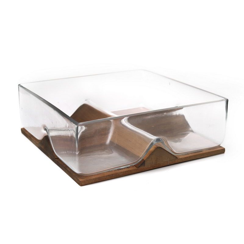 קערת זכוכית מרובעת שקופה מחולקת ל4 בסיס עץ 20/20 ס"מ גובה 6.5 ס"מ