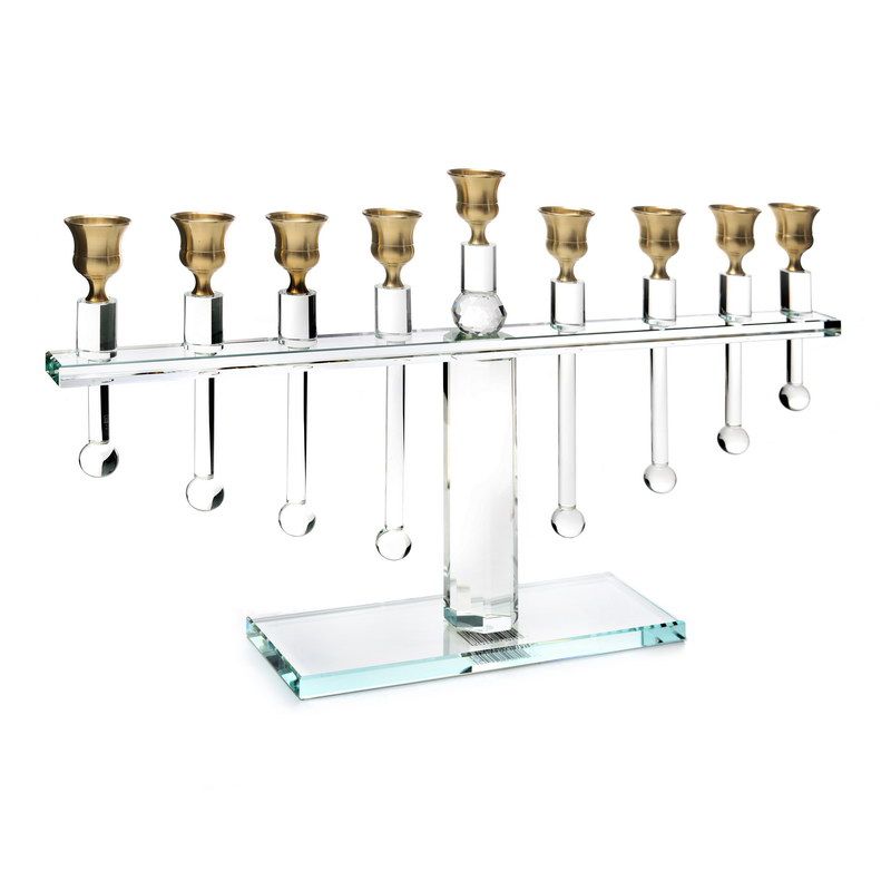 חנוכיה קריסטל מדורגת וכדורי קריסטל שקוף /קנים זהב גובה 28 ס"מ רוחב 45 ס"מ