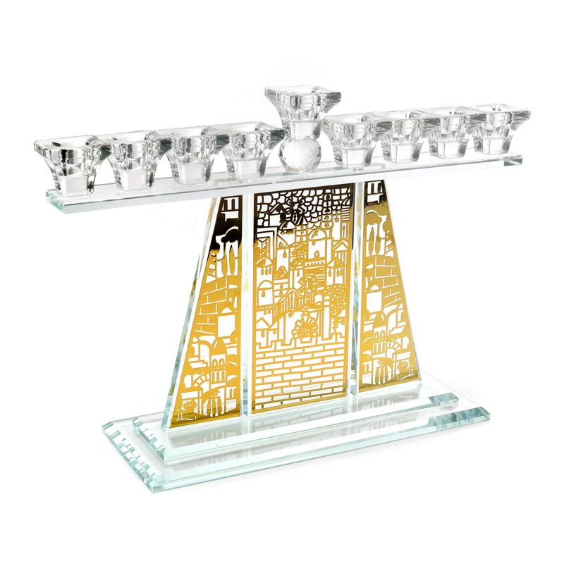 חנוכיה קריסטל "ירושלים" מתכת בזהב שקוף גובה 25 ס"מ רוחב 36 ס"מ