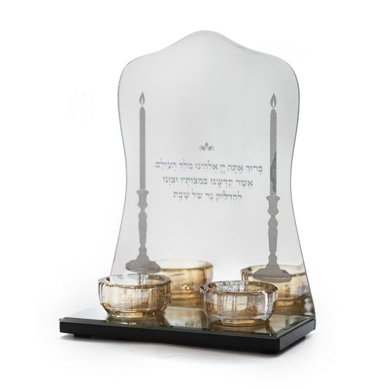 פמוטי שבת גב מראה עיטור וכיתוב שבת כסוף שילוב ענבר גובה 20 ס"מ ו4 רגליים